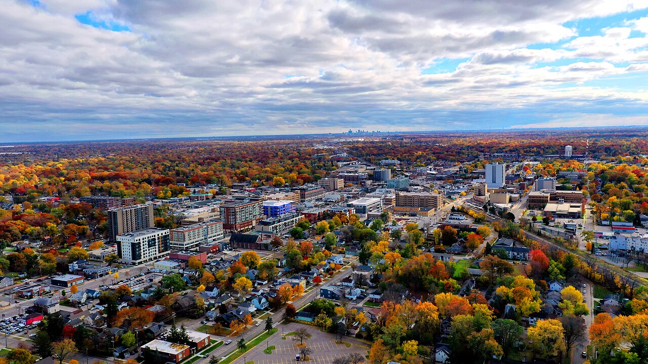 Aerial view of downtown Royal Oak, Michigan and surrounding neighborhoods in autumn