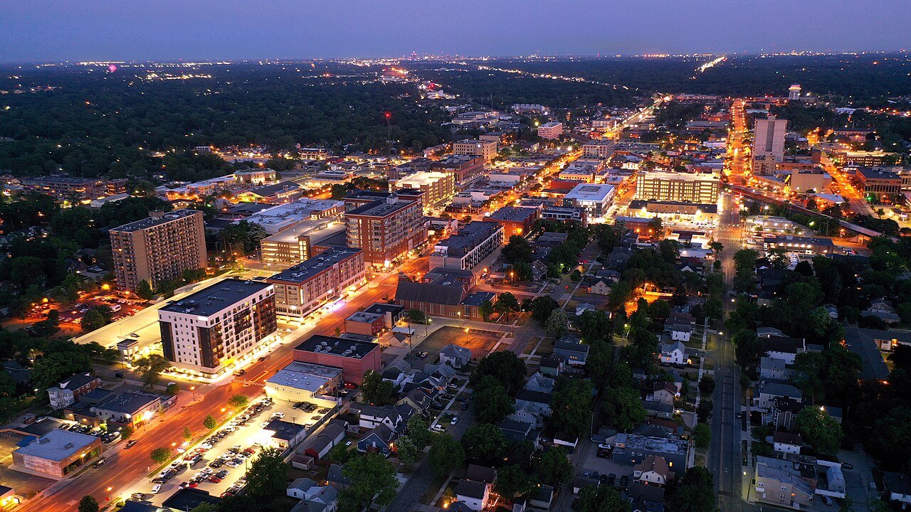 Downtown Royal Oak at night Aerial nighttime view of downtown Royal Oak, Michigan